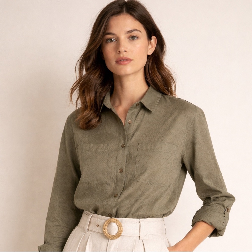 EUC Comptoir des Cotonniers Olive Sheer Cotton Button Down Shirt Size FR 38 US S
